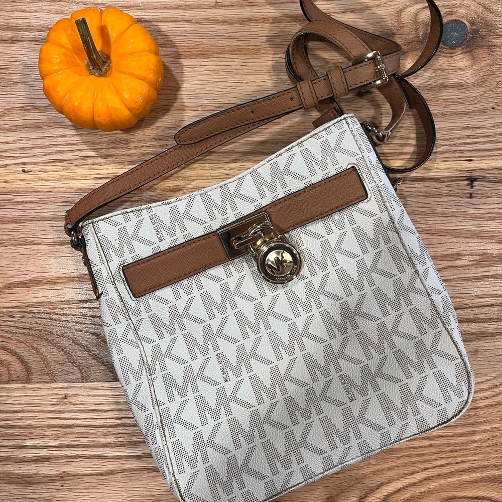 Michael Kors Monogram Cream and Tan Crossbody Bag